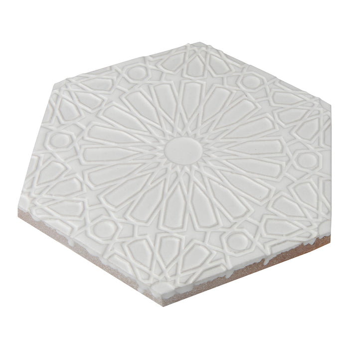 Walker Zanger - Andalucia - 9 in. x 10 in. Fez Matte Decorative Hex Tile - Blanco Angled View