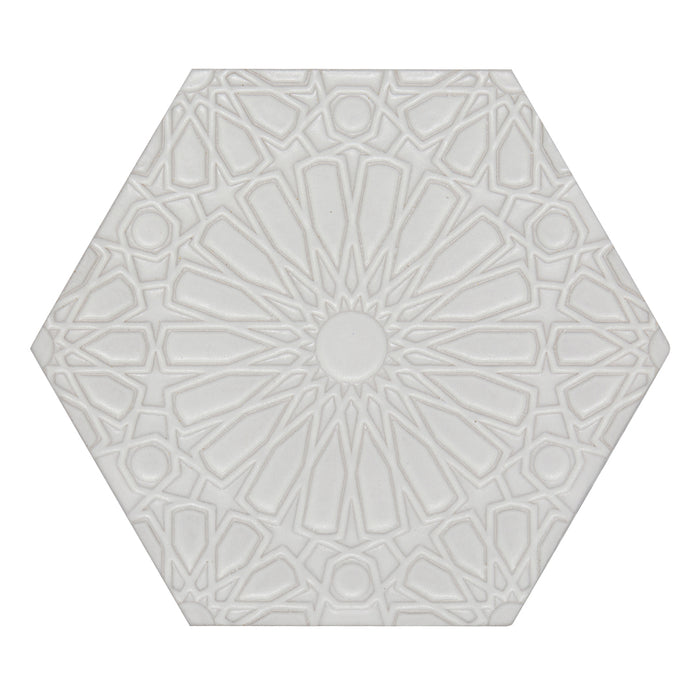 Walker Zanger - Andalucia - 9 in. x 10 in. Fez Matte Decorative Hex Tile - Blanco Tile View