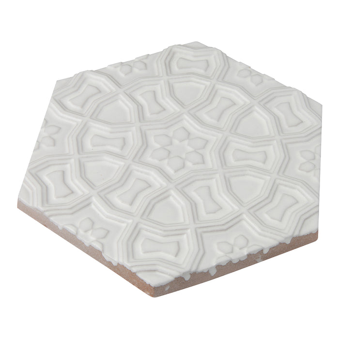 Walker Zanger - Andalucia - 9 in. x 10 in. Marrakesh Matte Decorative Hex Tile - Blanco Angled View