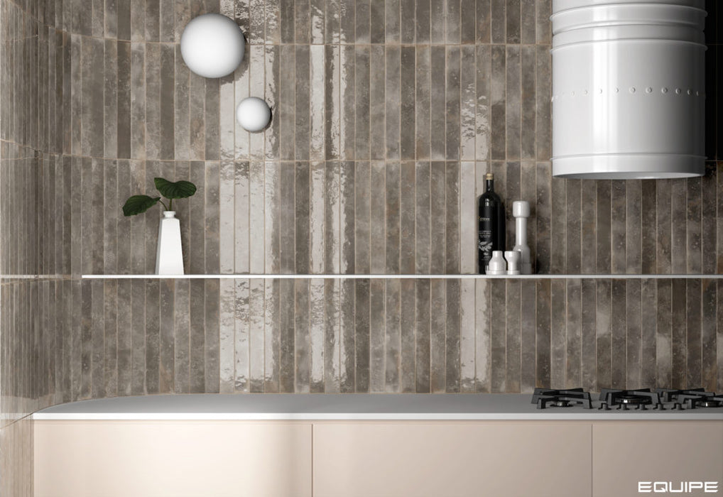 Equipe - Bali Collection - 2 in. x 16 in. Tile - Dark Pearl wall installation