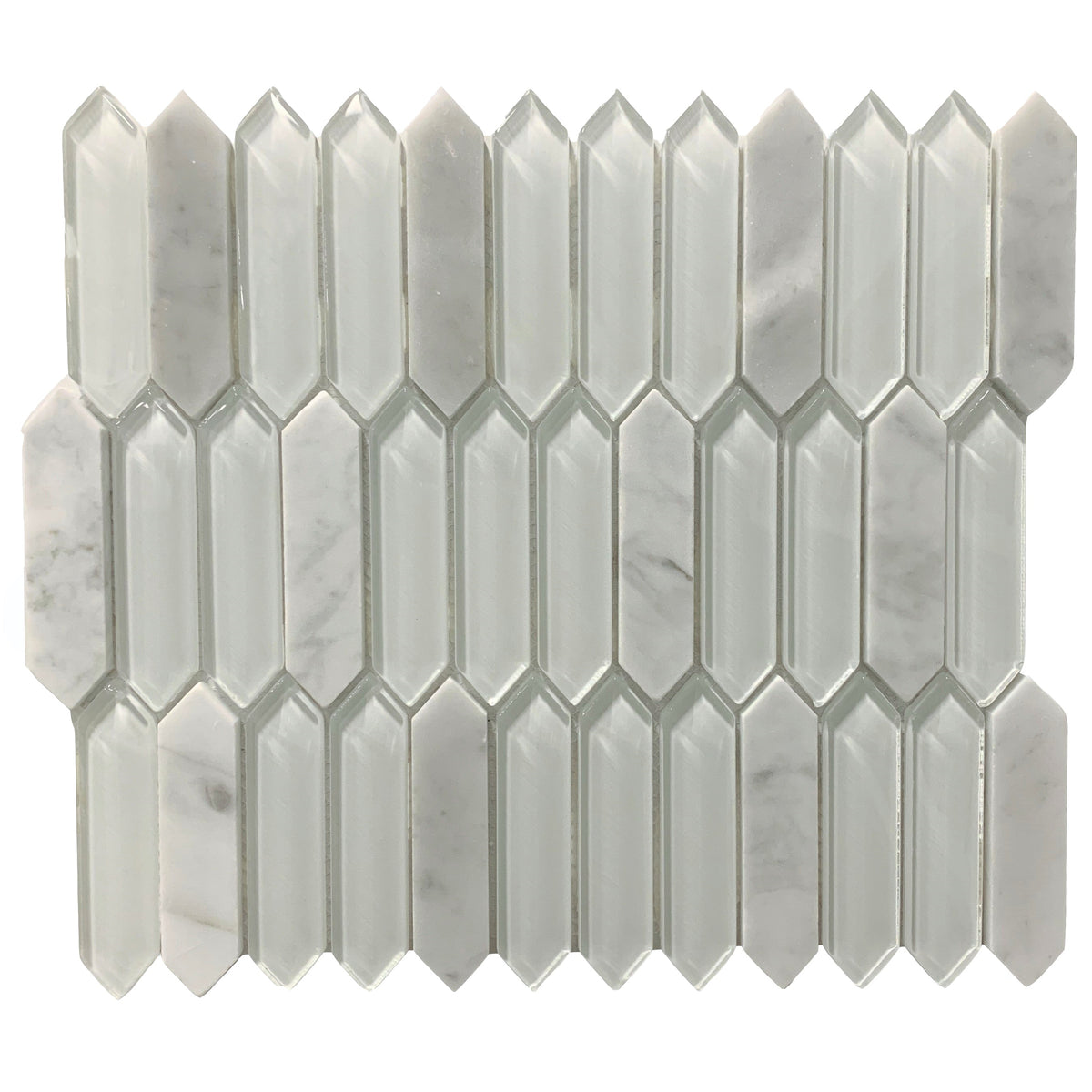 Rickert Tile - Carrara 1&quot; x 4&quot; Elongated Hex w/ White Elongated Clear Glass