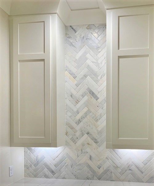 Rickert Tile - Oriental White Brushed Marble Mosaic wall installation