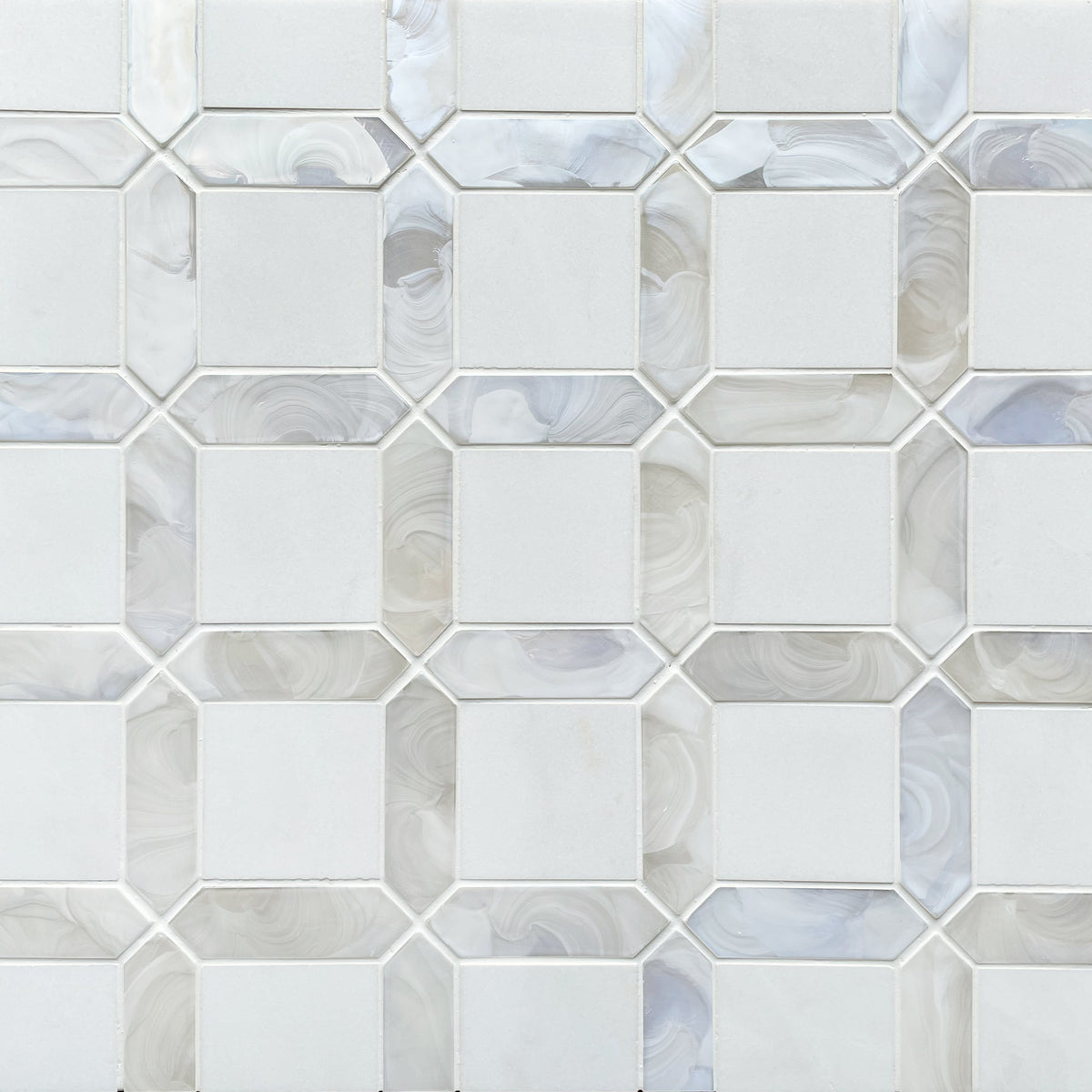 Rickert Tile - Shimmer Picket White Hot Glass with Thassos White Marble Mosaic