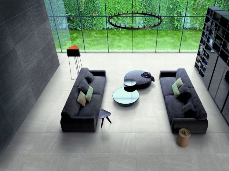 Elysium - Basalt Series - 12 in. x 24 in. Matte Rectified Porcelain Tile - Graphite wall installation