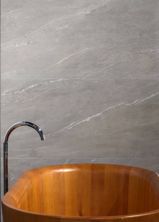 Elysium - Waystone 24 in. x 48 in. Matte Rectified Porcelain Tile - Pearl wall installation