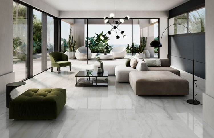 Elysium - Akoya Series - 24 in. x 48 in. Polished Rectified Porcelain Tile - White floor installation