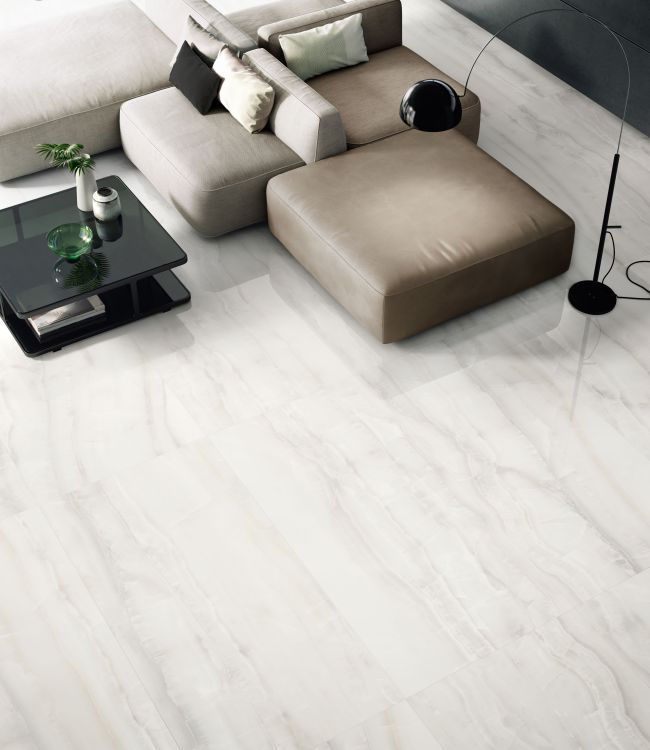 Elysium - Akoya Series - 24 in. x 48 in. Polished Rectified Porcelain Tile - White floor installation