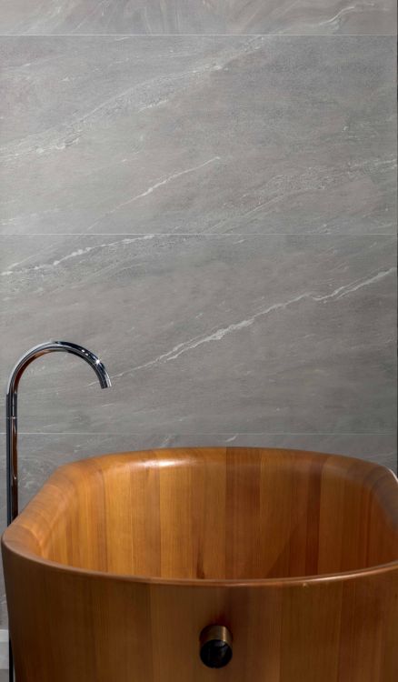 Elysium - Waystone 12 in. x 24 in. Matte Rectified Porcelain Tile - Grey wall installation