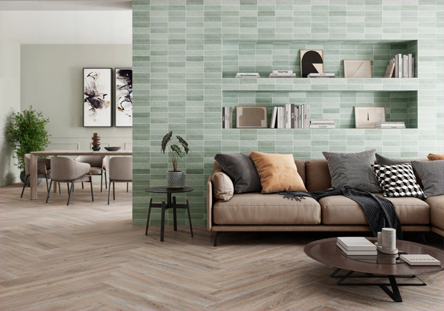 Maniscalco - Alhambra 2.5 in. x 8 in. Ceramic Tile - Menta Mix wall installation