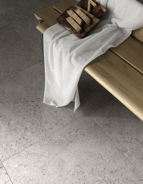 Tesoro - Shellstone Series - 24 in. x 48 in. Rectified Porcelain Tile - Grey floor installation
