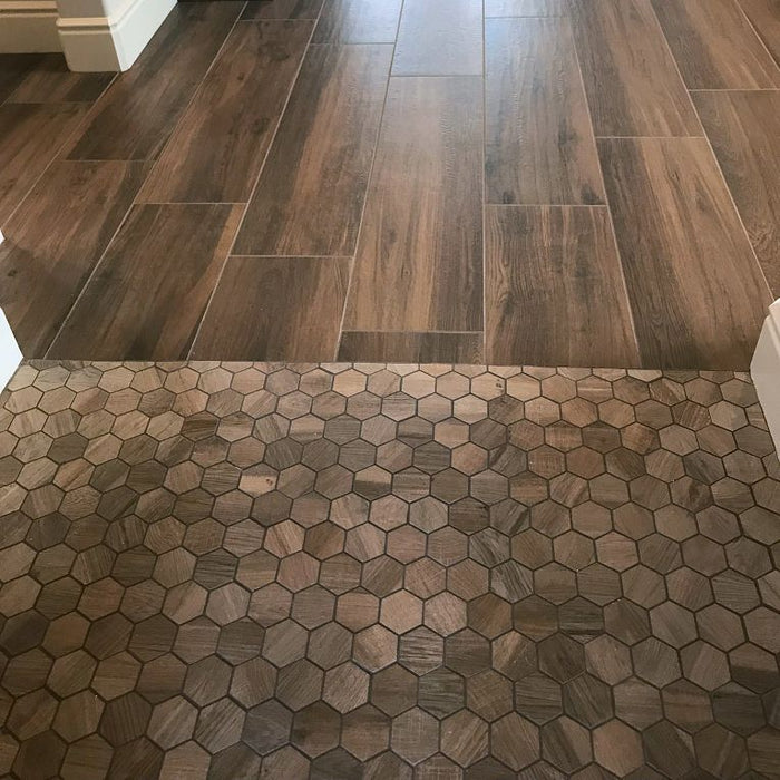 Arizona Tile - Aequa Series - 3" x 3" Porcelain Hex Mosaic - Castor floor installation