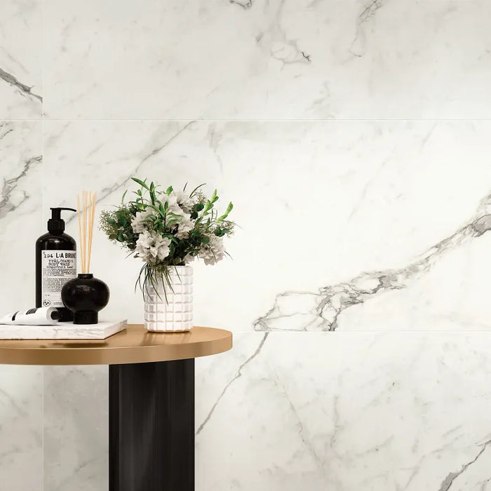 Arizona Tile - Marvel 24" x 48" Polished Rectified Porcelain Tile - Statuario Supremo wall installation
