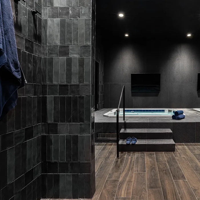 Arizona Tile - Flash 3" x 12" Ceramic Wall Tile - Graphite Shower Install 2