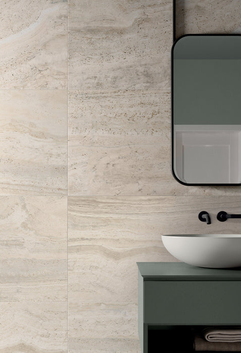 Happy Floors - Navona 24 in. x 24 in. Porcelain Vein Cut Tile - Bone wall installation