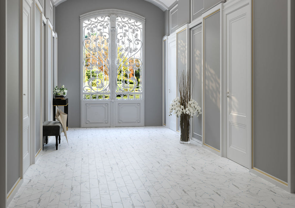 Bellagio - Bismarck Palmer Collection - 3" x 17" Porcelain Subway Tile - Aloe Cream floor installation