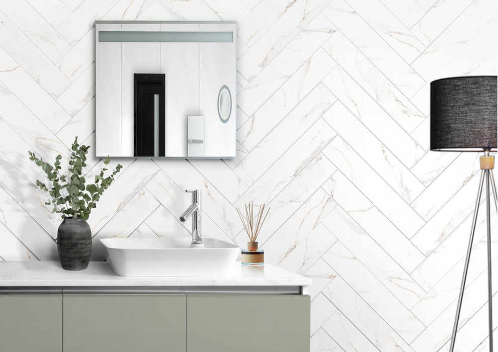 Bellagio - Bismarck Palmer Collection - 3" x 17" Porcelain Subway Tile - Ghost White wall installation