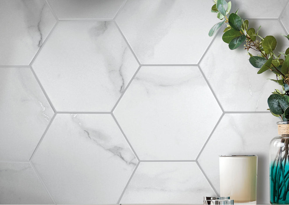 Bellagio - Bismarck Palmer Collection - 8" x 9" Porcelain Hex Tile - Oley Finesse wall installation