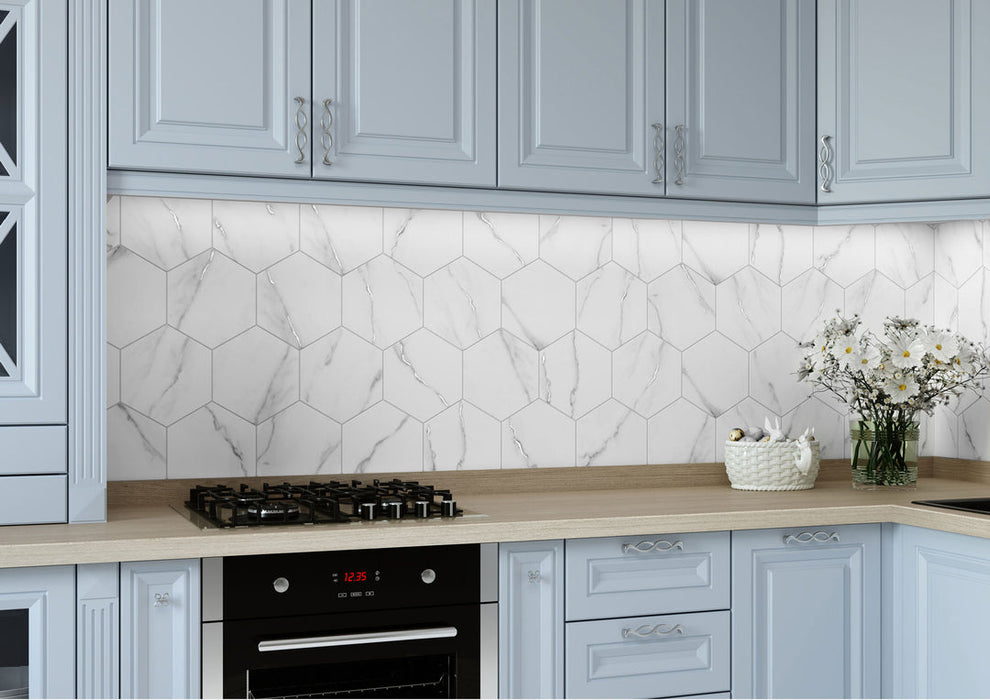 Bellagio - Bismarck Palmer Collection - 8" x 9" Porcelain Hex Tile - Oley Finesse wall installation