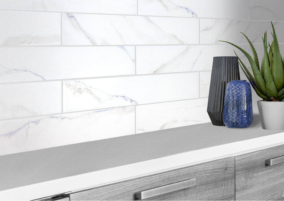 Bellagio - Bismarck Palmer Collection - 3" x 17" Porcelain Subway Tile - Aloe Cream wall installation