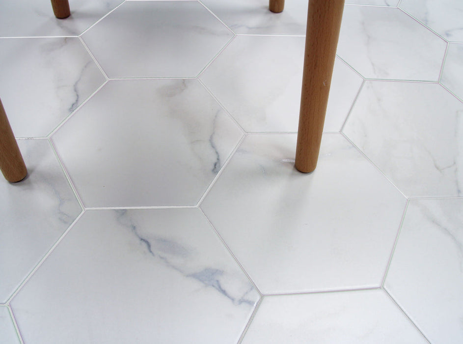 Bellagio - Bismarck Palmer Collection - 8" x 9" Porcelain Hex Tile - Aloe Cream floor installation