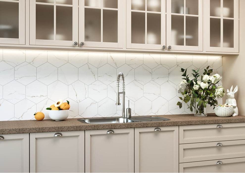 Bellagio - Bismarck Palmer Collection - 8" x 9" Porcelain Hex Tile - Ghost White wall installation