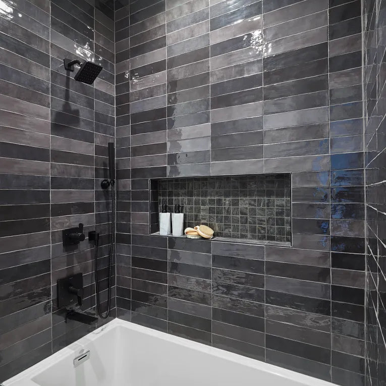 Arizona Tile - Flash 3&quot; x 12&quot; Ceramic Wall Tile - Graphite Shower Install 4
