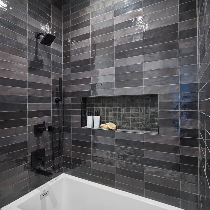Arizona Tile - Flash 3" x 12" Ceramic Wall Tile - Graphite Shower Install 4