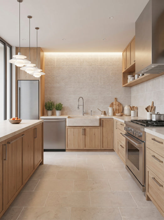 Bedrosians - Lunaris Collection - 12" x 24" Fluted Deco Wall Tile - Taupe Installed