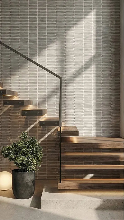 Bedrosians - Node 16 in. x 48 in. Matte Ceramic Wall Tile - Greige Installed