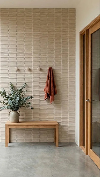 Bedrosians - Node 16 in. x 48 in. Matte Ceramic Wall Tile - Sand Installed