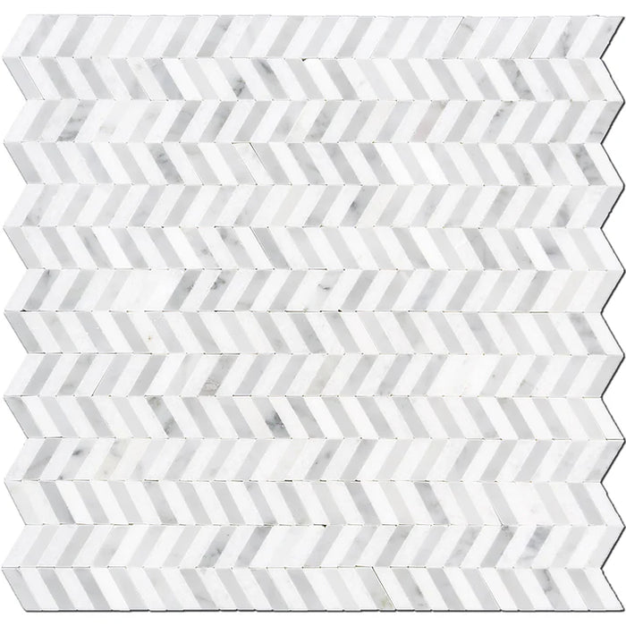 MM Tile and Stone - Carrara & Thassos Mini Chevron Marble Honed Waterjet Mosaic