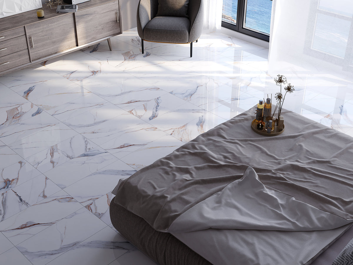 Floors 2000 - Calacatta Luxe 12 in. x 24 in. Matte Porcelain Tile - Luxe floor installation