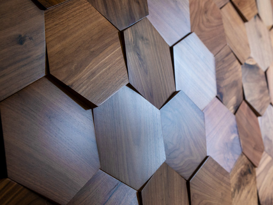 DuChateau - Celestio Legno - Angled Hexo Wall Coverings - American Walnut Installed
