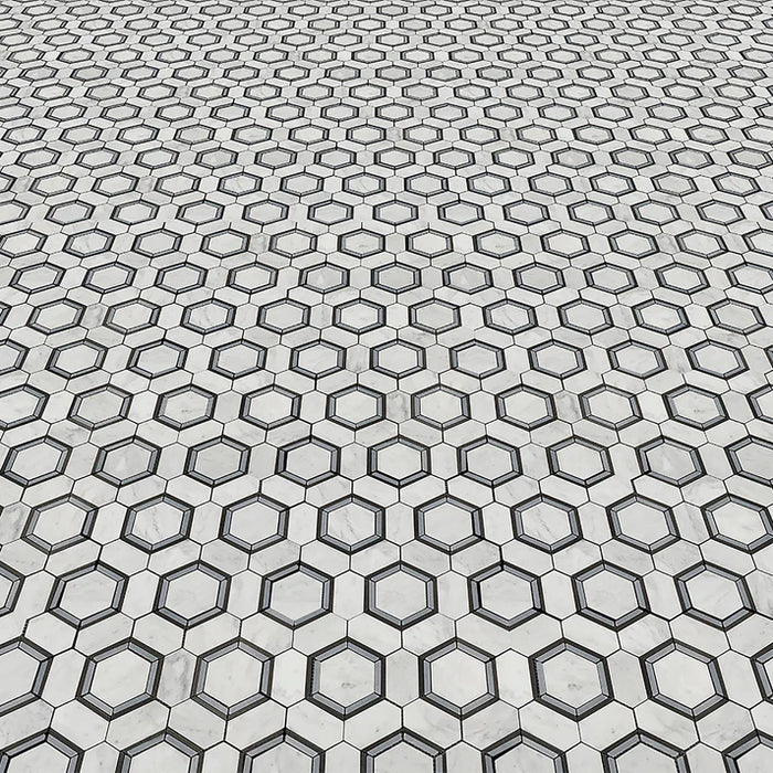 MM Tile and Stone - Carrara, Bardiglio & Basalt Hexagon Combo Marble Polished Waterjet Mosaic Installed
