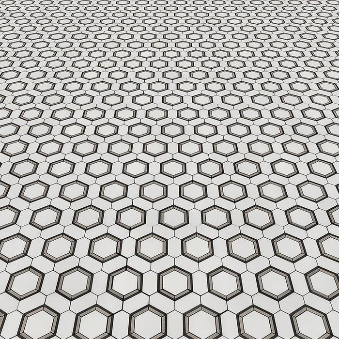 MM Tile and Stone - Thassos, Grey & Basalt Hexagon Combo Marble Polished Waterjet Mosaic Installed