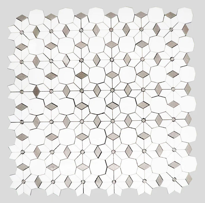 MM Tile and Stone - Thassos & Grey Diamond Flower Marble Polished Waterjet Mosaic Installed