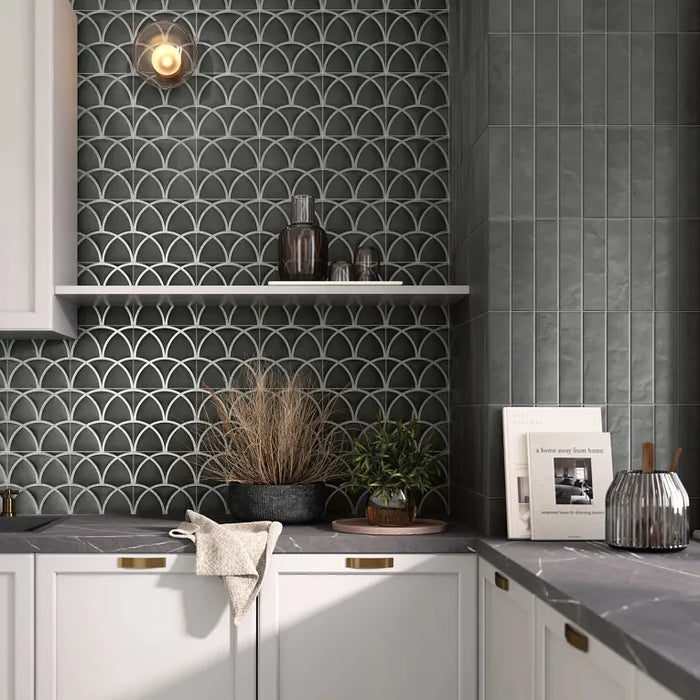 Arizona Tile - Curve 8x8 Matte Porcelain Mosaic - Black wall installation