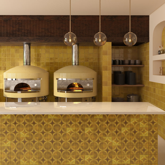 Daltile - Contempee Collection - 4 in. x 4 in. - Handcrafted Glossy Ceramic Wall Tile - Marigold Room scene
