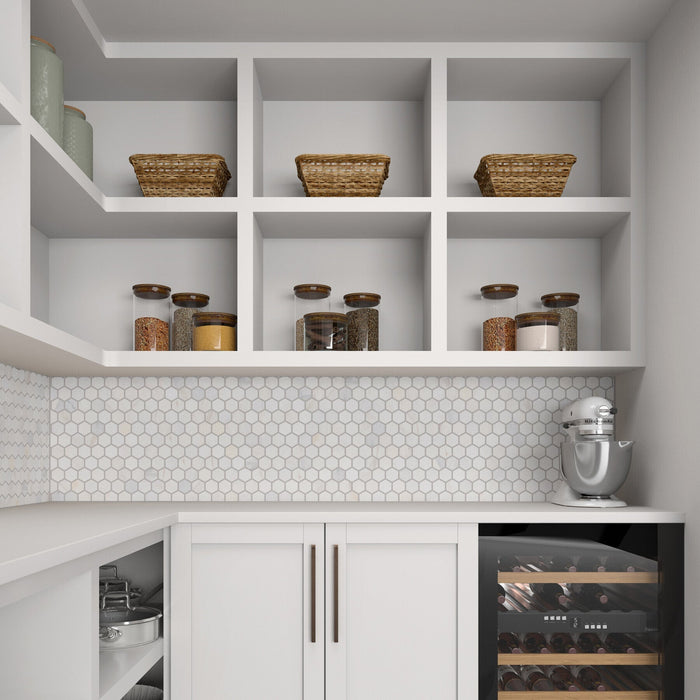 Daltile - Fonte - Hexagon Mosaic - 2" - Honed - Pier White Installed