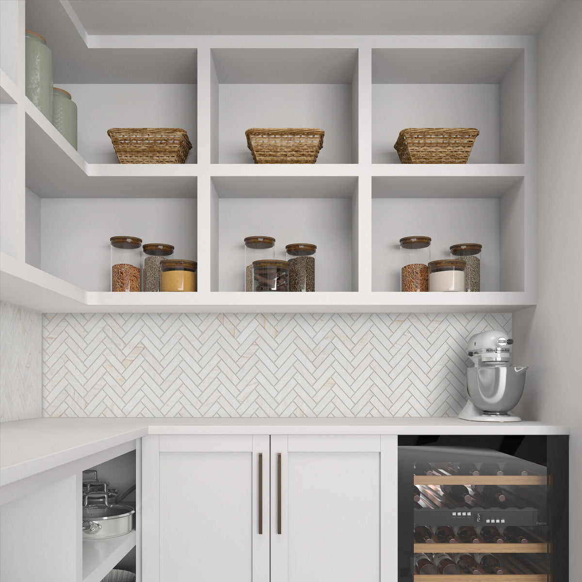 Daltile - Fonte - Herringbone Mosaic - 1&quot; x 4&quot; - Honed - Pier White Installed