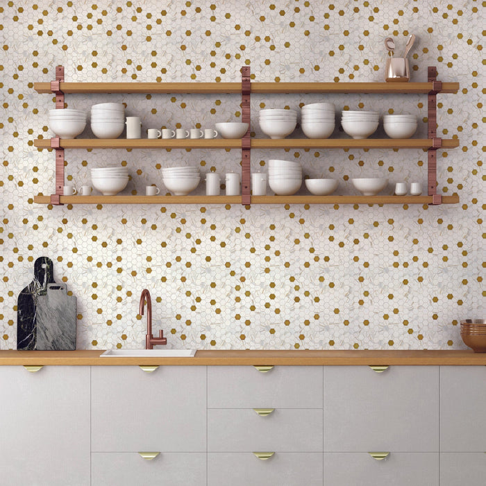 Daltile Uptown Glass 1 in. x 1 in. Metallic Hex Glass Mosaic - Posh Chiffon