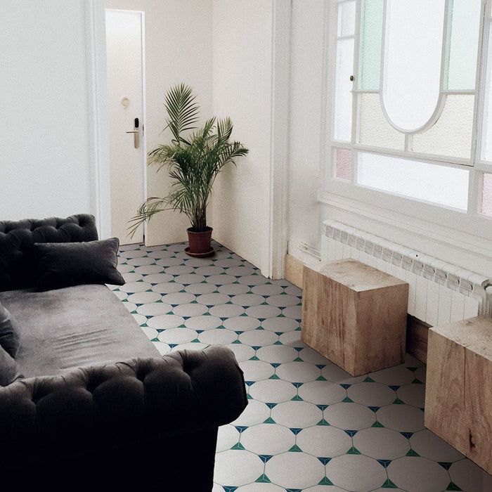 Daltile - Bee Hive Medley 8.5 in. x 10 in. Deco Porcelain Tile - Sun Green Blue Room Scene