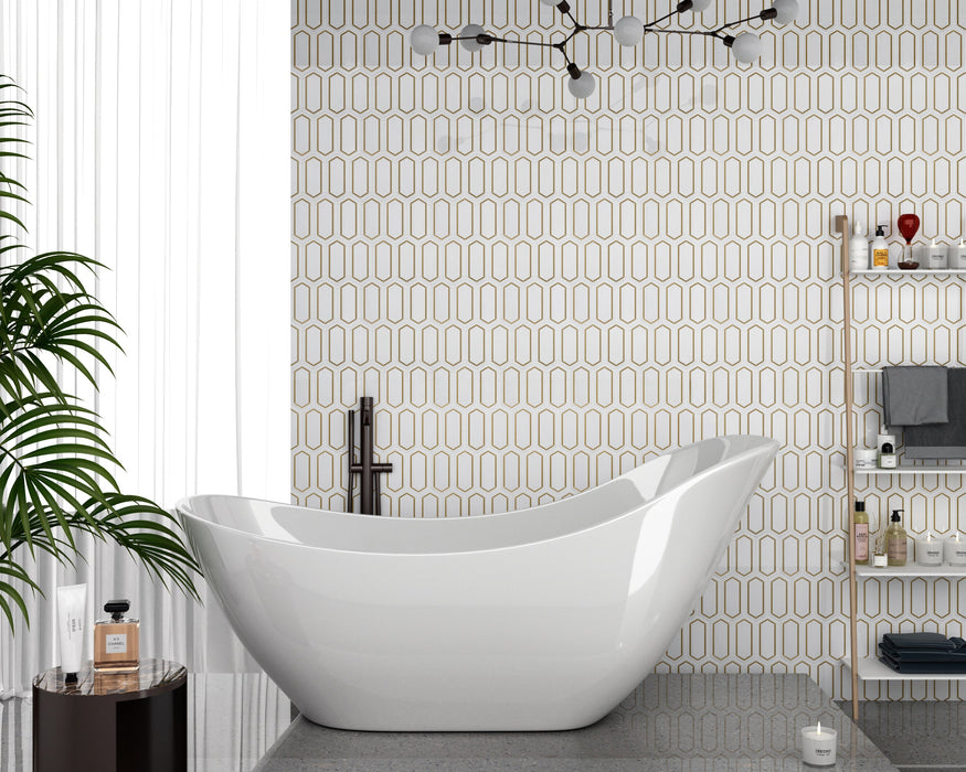 DW Tile & Stone - Aura - Dolomite Marble Picket with Brass Polished Mosaic Installed