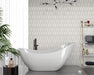 DW Tile & Stone - Aura - Dolomite Marble Picket with Brass Polished Mosaic Installed
