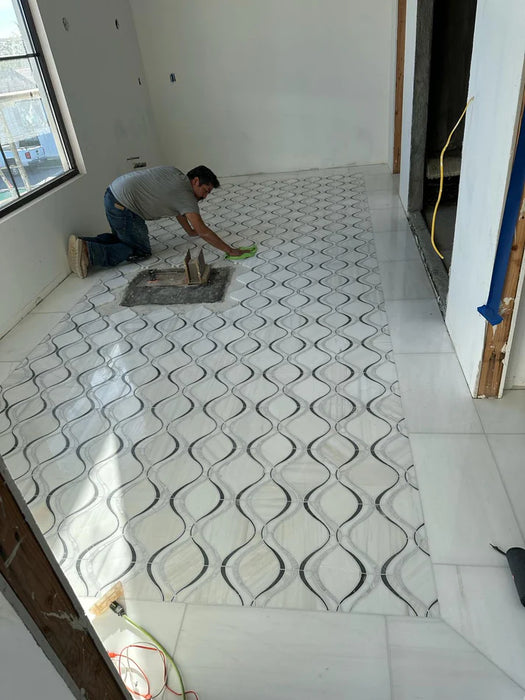 MM Tile and Stone - Dolomite, Bardiglio & Mother of Pearl Marble Polished Waterjet Mosaic Installed