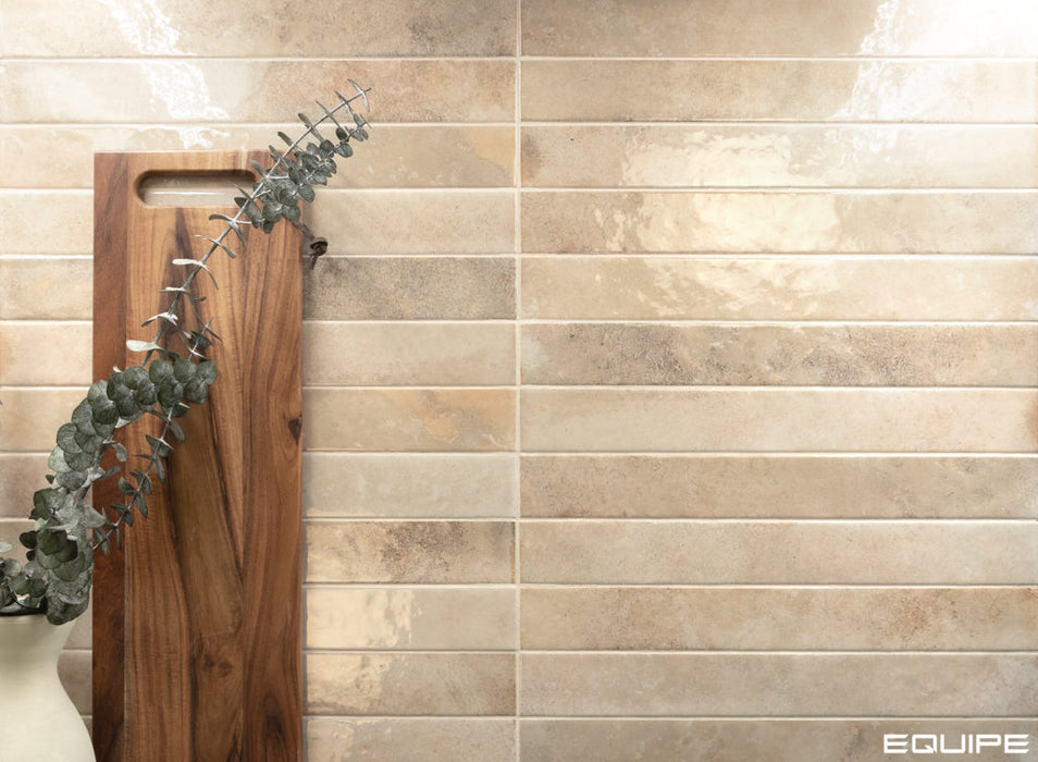 Equipe - Bali Collection - 2 in. x 16 in. Tile - Almond wall installation