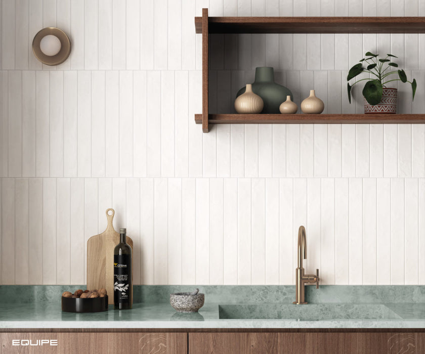 Equipe - Corsica Collection - 2 in. x 16 in. Tile - White Sands wall installation