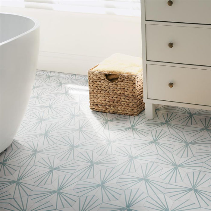 SomerTile - Horizon Collection -  7 3/4 in. x 9 in. - Hexagon Porcelain Tile - Dawn Aguamarina Installed
