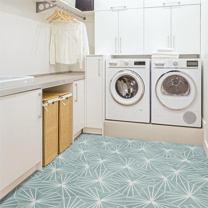 SomerTile - Horizon Collection -  7 3/4 in. x 9 in. - Hexagon Porcelain Tile - Dusk Aguamarina Room Scene