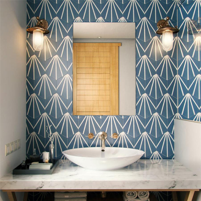 SomerTile - Horizon Collection -  7 3/4 in. x 9 in. - Hexagon Porcelain Tile - Dusk Azul Room Scene
